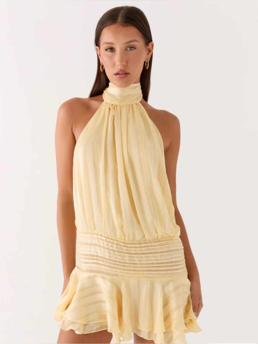 Pleated Halter Mini Dress in Soft Yellow